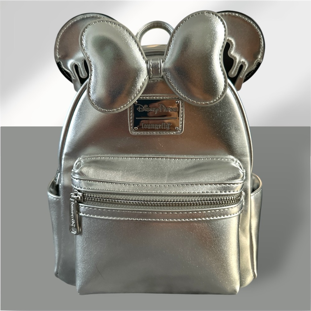 2023 Disney Parks Loungefly 100 Years Minnie Mouse Silver Drip Backpack Bag EUC